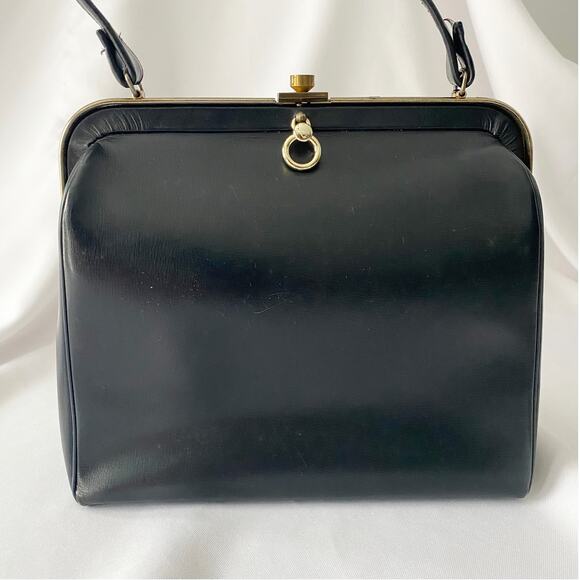 Vintage Black Leather Handbag - Retro Structured Top Handle Purse - Picture 2 of 12
